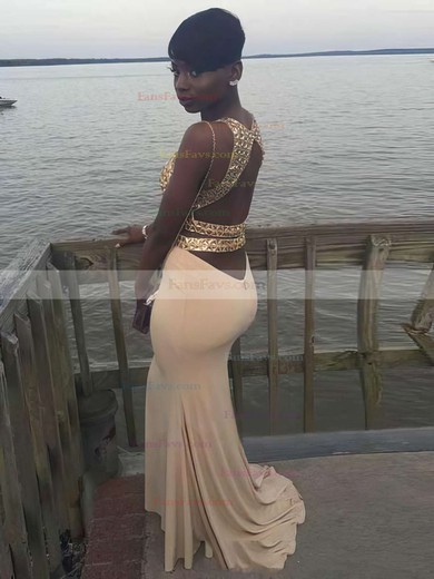 Sheath/Column Scoop Neck Jersey Sweep Train Beading Prom Dresses #Favs020103281