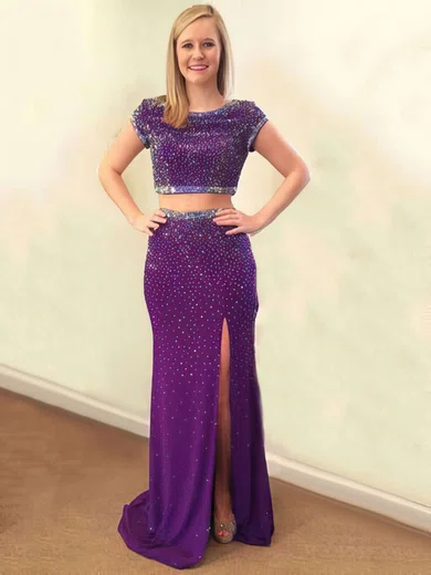 Trumpet/Mermaid Scoop Neck Silk-like Satin Sweep Train Split Front Prom Dresses #Favs020103324