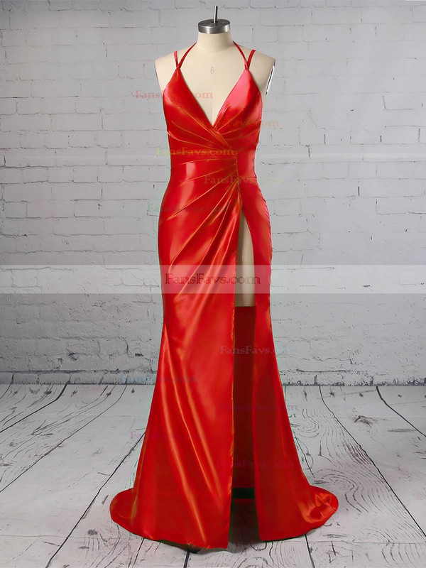 Sheath/Column V-neck Silk-like Satin Sweep Train Split Front Prom Dresses #Favs020103771