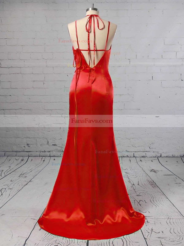 Sheath/Column V-neck Silk-like Satin Sweep Train Split Front Prom Dresses #Favs020103771