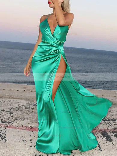 Sheath/Column V-neck Silk-like Satin Sweep Train Split Front Prom Dresses #Favs020103771