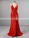 Sheath/Column V-neck Silk-like Satin Sweep Train Split Front Prom Dresses #Favs020103771