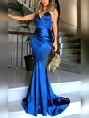 Trumpet/Mermaid V-neck Silk-like Satin Sweep Train Ruffles Prom Dresses #Favs020104819