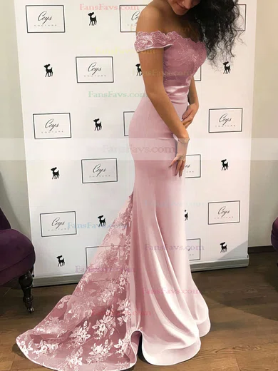Trumpet/Mermaid Off-the-shoulder Jersey Sweep Train Appliques Lace Prom Dresses #Favs020104920
