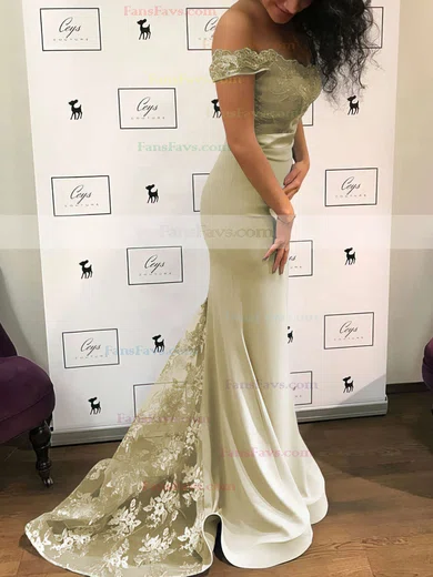 Trumpet/Mermaid Off-the-shoulder Jersey Sweep Train Appliques Lace Prom Dresses #Favs020104920