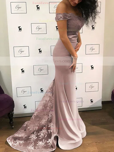 Trumpet/Mermaid Off-the-shoulder Jersey Sweep Train Appliques Lace Prom Dresses #Favs020104920
