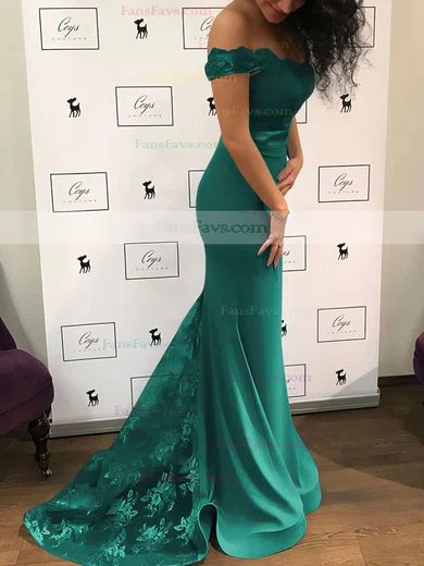 Trumpet/Mermaid Off-the-shoulder Jersey Sweep Train Appliques Lace Prom Dresses #Favs020104920