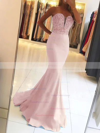 Trumpet/Mermaid Sweetheart Satin Sweep Train Beading Prom Dresses #Favs020104979