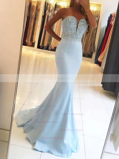 Trumpet/Mermaid Sweetheart Satin Sweep Train Beading Prom Dresses #Favs020104979