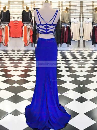 Sheath/Column V-neck Jersey Sweep Train Split Front Prom Dresses #Favs020105317