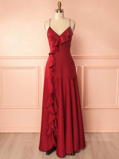A-line V-neck Silk-like Satin Floor-length Ruffles Prom Dresses #Favs020105324