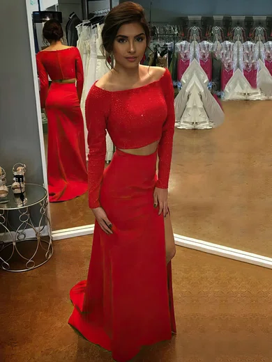 Sheath/Column Off-the-shoulder Silk-like Satin Sweep Train Beading Prom Dresses #Favs020105600