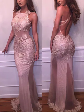 Trumpet/Mermaid Scoop Neck Tulle Floor-length Appliques Lace Prom Dresses #Favs020103669 Trumpet/Mermaid Scoop Neck Tulle Floor-length Appliques Lace Prom Dresses #Favs020103669