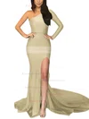 Trumpet/Mermaid One Shoulder Jersey Sweep Train Split Front Prom Dresses #Favs020105746