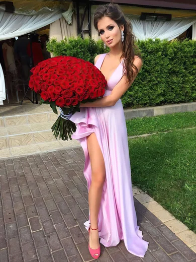 A-line V-neck Silk-like Satin Sweep Train Split Front Prom Dresses #Favs020105752