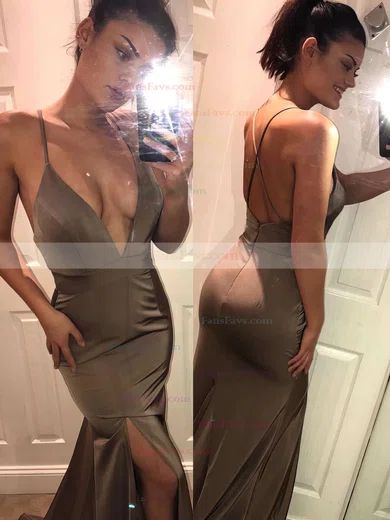 Trumpet/Mermaid V-neck Silk-like Satin Sweep Train Split Front Prom Dresses #Favs020105753