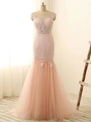 Trumpet/Mermaid Scoop Neck Tulle Floor-length Appliques Lace Prom Dresses #Favs020101832