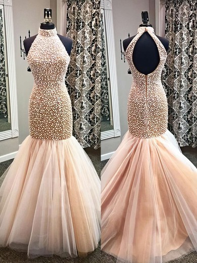 Trumpet/Mermaid High Neck Tulle Sweep Train Pearl Detailing Prom Dresses #Favs020101846