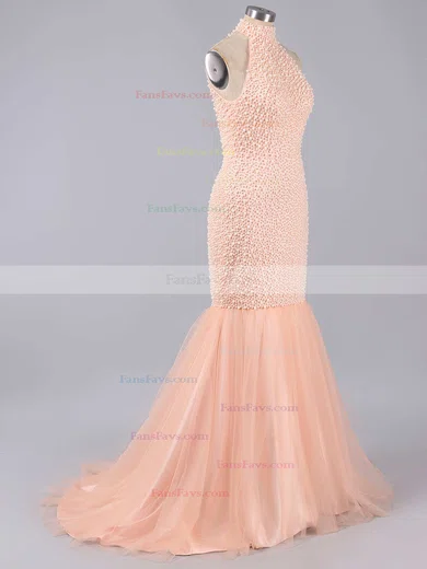 Trumpet/Mermaid High Neck Tulle Sweep Train Pearl Detailing Prom Dresses #Favs020101846
