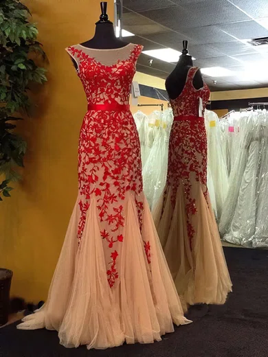 Trumpet/Mermaid Scoop Neck Tulle Sweep Train Appliques Lace Prom Dresses #Favs020102164