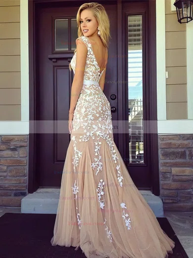 Trumpet/Mermaid Scoop Neck Tulle Sweep Train Appliques Lace Prom Dresses #Favs020102164