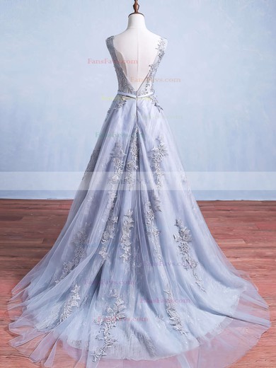 Ball Gown Scoop Neck Lace Tulle Sweep Train Appliques Lace Prom Dresses #Favs020103746