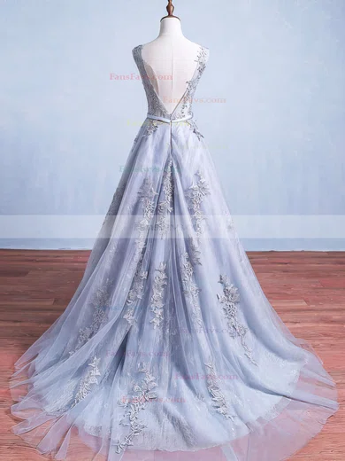 Ball Gown Scoop Neck Lace Tulle Sweep Train Appliques Lace Prom Dresses #Favs020103746
