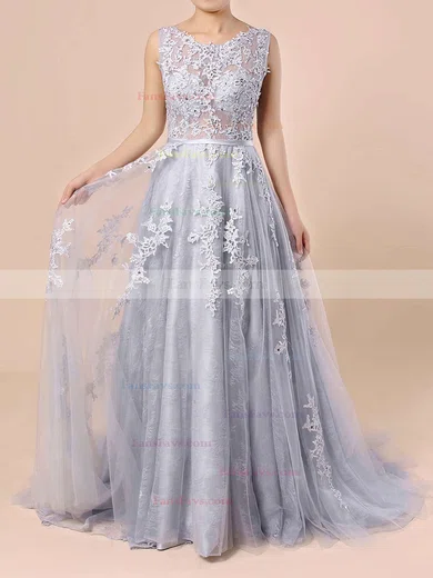 Ball Gown Scoop Neck Lace Tulle Sweep Train Appliques Lace Prom Dresses #Favs020103746