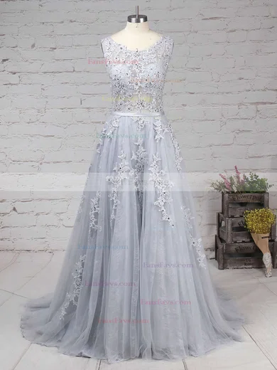 Ball Gown Scoop Neck Lace Tulle Sweep Train Appliques Lace Prom Dresses #Favs020103746