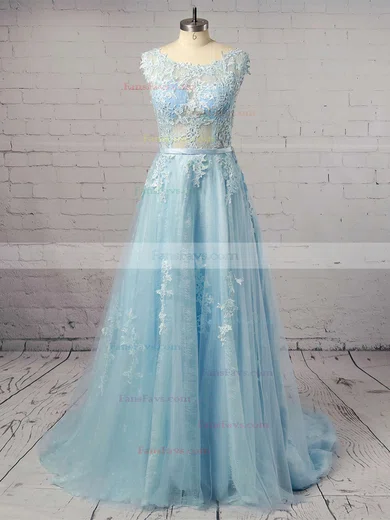 Ball Gown Scoop Neck Lace Tulle Sweep Train Appliques Lace Prom Dresses #Favs020103746