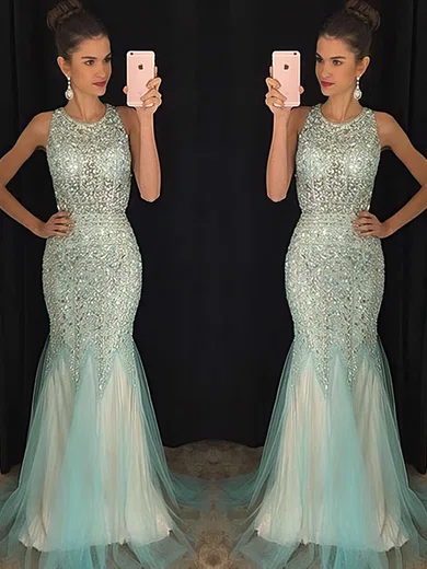 Trumpet/Mermaid Scoop Neck Tulle Floor-length Beading Prom Dresses #Favs020102448