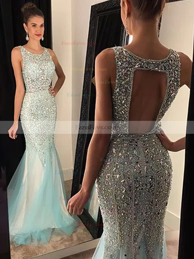Trumpet/Mermaid Scoop Neck Tulle Floor-length Beading Prom Dresses #Favs020102448