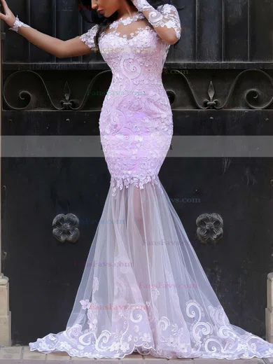 New Trumpet/Mermaid Scoop Neck Tulle Sweep Train Appliques Lace Long Sleeve Prom Dresses #Favs020102452