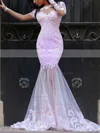 New Trumpet/Mermaid Scoop Neck Tulle Sweep Train Appliques Lace Long Sleeve Prom Dresses #Favs020102452