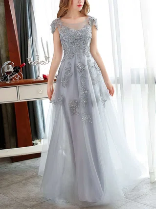 A-line Scoop Neck Tulle Floor-length Appliques Lace Prom Dresses #Favs020102900 A-line Scoop Neck Tulle Floor-length Appliques Lace Prom Dresses #Favs020102900