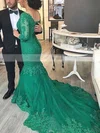 Trumpet/Mermaid V-neck Tulle Court Train Appliques Lace Prom Dresses #Favs020102918