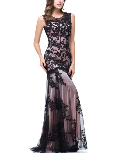 Trumpet/Mermaid Scoop Neck Tulle Sweep Train Appliques Lace Prom Dresses #Favs020104144