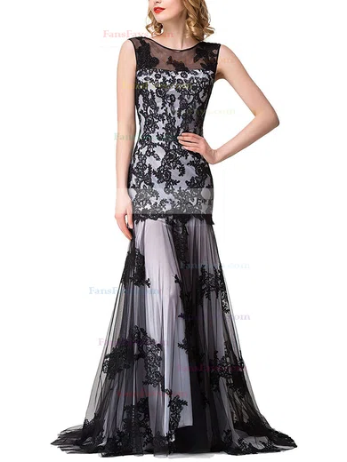 Trumpet/Mermaid Scoop Neck Tulle Sweep Train Appliques Lace Prom Dresses #Favs020104144