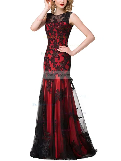 Trumpet/Mermaid Scoop Neck Tulle Sweep Train Appliques Lace Prom Dresses #Favs020104144