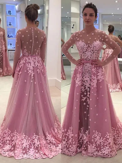 A-line Scoop Neck Tulle Detachable Appliques Lace Prom Dresses #Favs020102927