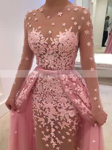 A-line Scoop Neck Tulle Detachable Appliques Lace Prom Dresses #Favs020102927