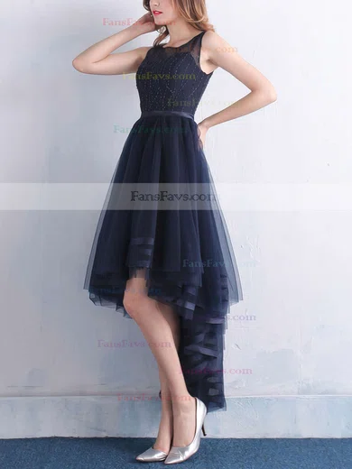 A-line Scoop Neck Tulle Asymmetrical Beading Prom Dresses #Favs020103134
