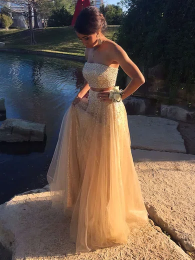 A-line Strapless Tulle Floor-length Beading Prom Dresses #Favs020103286