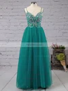 A-line V-neck Tulle Floor-length Beading Prom Dresses #Favs020103544
