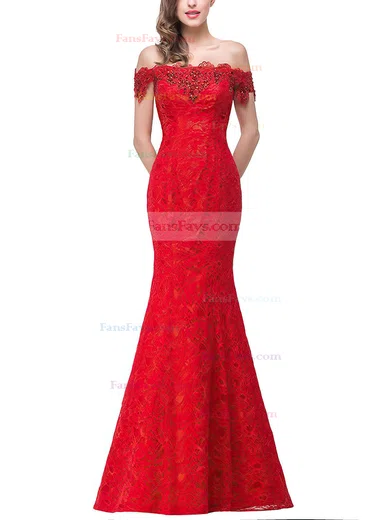 Trumpet/Mermaid Off-the-shoulder Lace Floor-length Beading Prom Dresses #Favs020104153