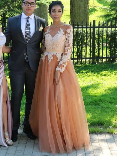 Princess Scoop Neck Tulle Floor-length Appliques Lace Prom Dresses #Favs020103684