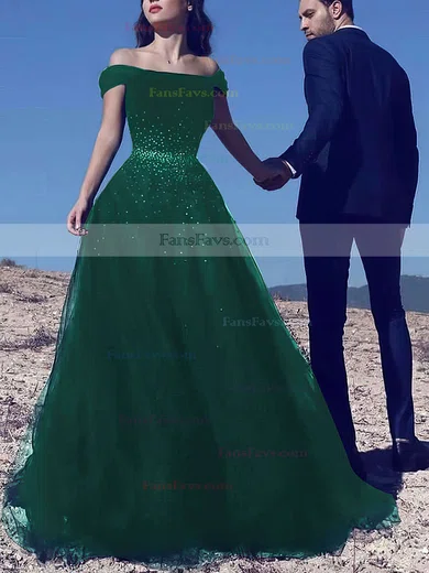 Princess Off-the-shoulder Tulle Sweep Train Beading Prom Dresses #Favs020103740