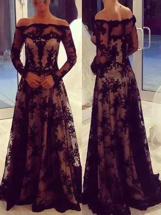 A-line Off-the-shoulder Tulle Sweep Train Appliques Lace Prom Dresses #Favs020104471 A-line Off-the-shoulder Tulle Sweep Train Appliques Lace Prom Dresses #Favs020104471