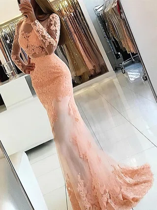 Trumpet/Mermaid Scoop Neck Tulle Sweep Train Appliques Lace Prom Dresses #Favs020104852 Trumpet/Mermaid Scoop Neck Tulle Sweep Train Appliques Lace Prom Dresses #Favs020104852