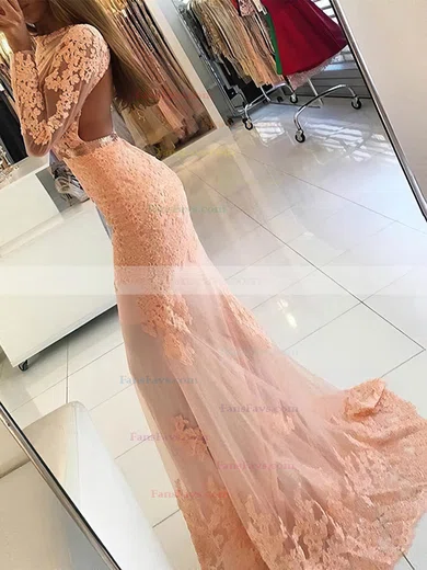 Trumpet/Mermaid Scoop Neck Tulle Sweep Train Appliques Lace Prom Dresses #Favs020104852